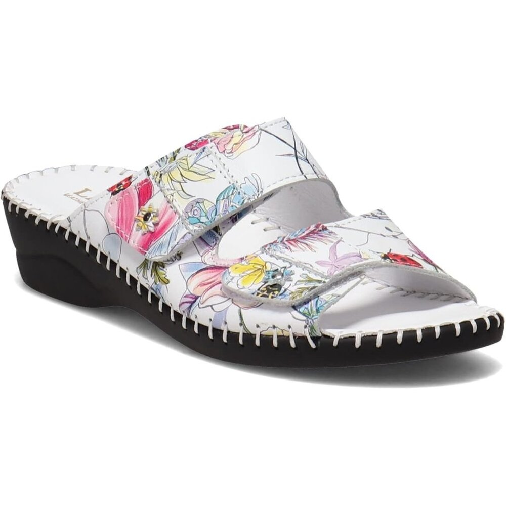 La Plume Women's US 8 Jessica Sandal White Floral Hook & Loop Comfort Shoe